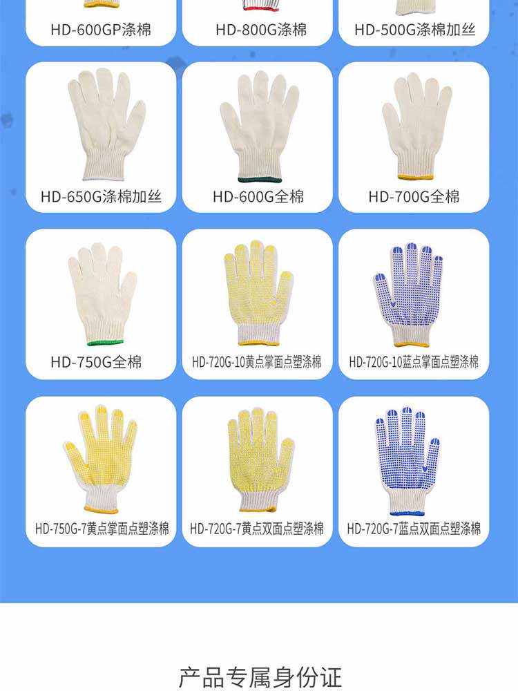 漢盾?720G 藍點雙面點塑滌棉7針漂白點塑紗線手套