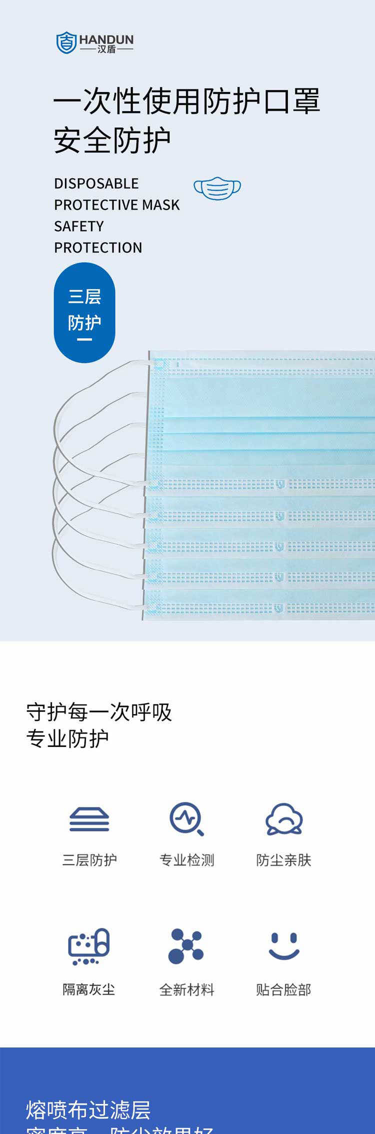 漢盾勞保用品 HD1096 三層藍(lán)色一次性平面口罩 獨(dú)立裝